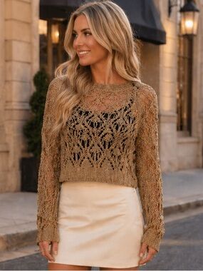 Sybilla Gold Tan Long Sleeves Cropped Top Crochet Knitted See Through Y2K Boho M